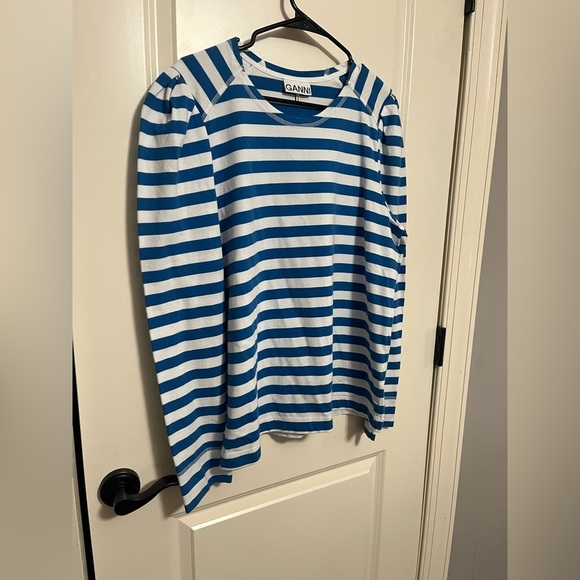 GANNI Organic Cotton L/S Blue Stripe Blouse Size XL - Picture 3 of 10